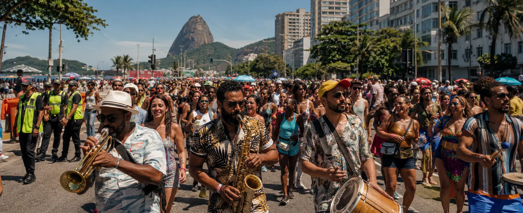 Bloco de rue avec musiciens et adultes costumés à Rio de Janeiro