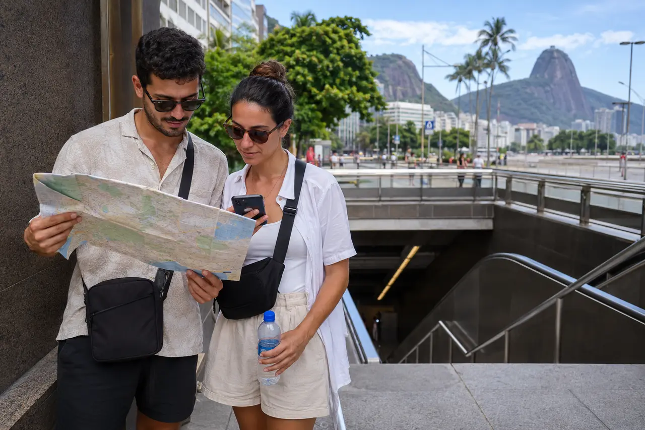 Deux voyageurs consultant une carte près d’une station de métro à Rio