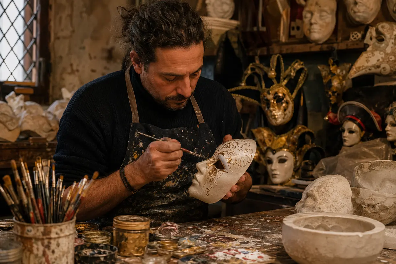 Artisan adulte peignant un masque en papier mâché dans un atelier vénitien