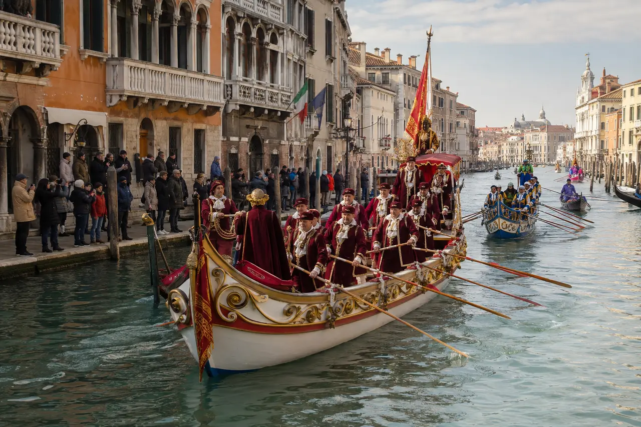Bateaux décorés et rameurs costumés lors d’une fête sur l’eau à Venise