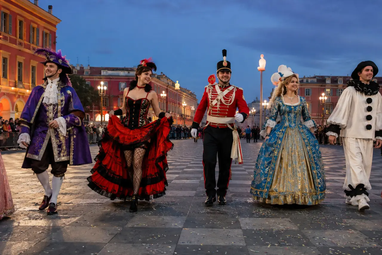 Sept artistes costumés dans un défilé de carnaval