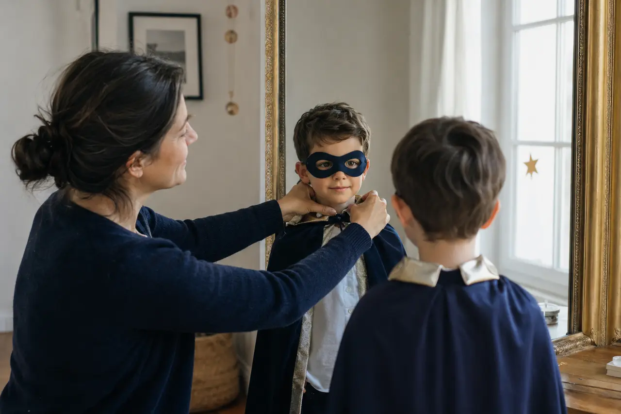 Parent ajustant un masque de carnaval à son enfant