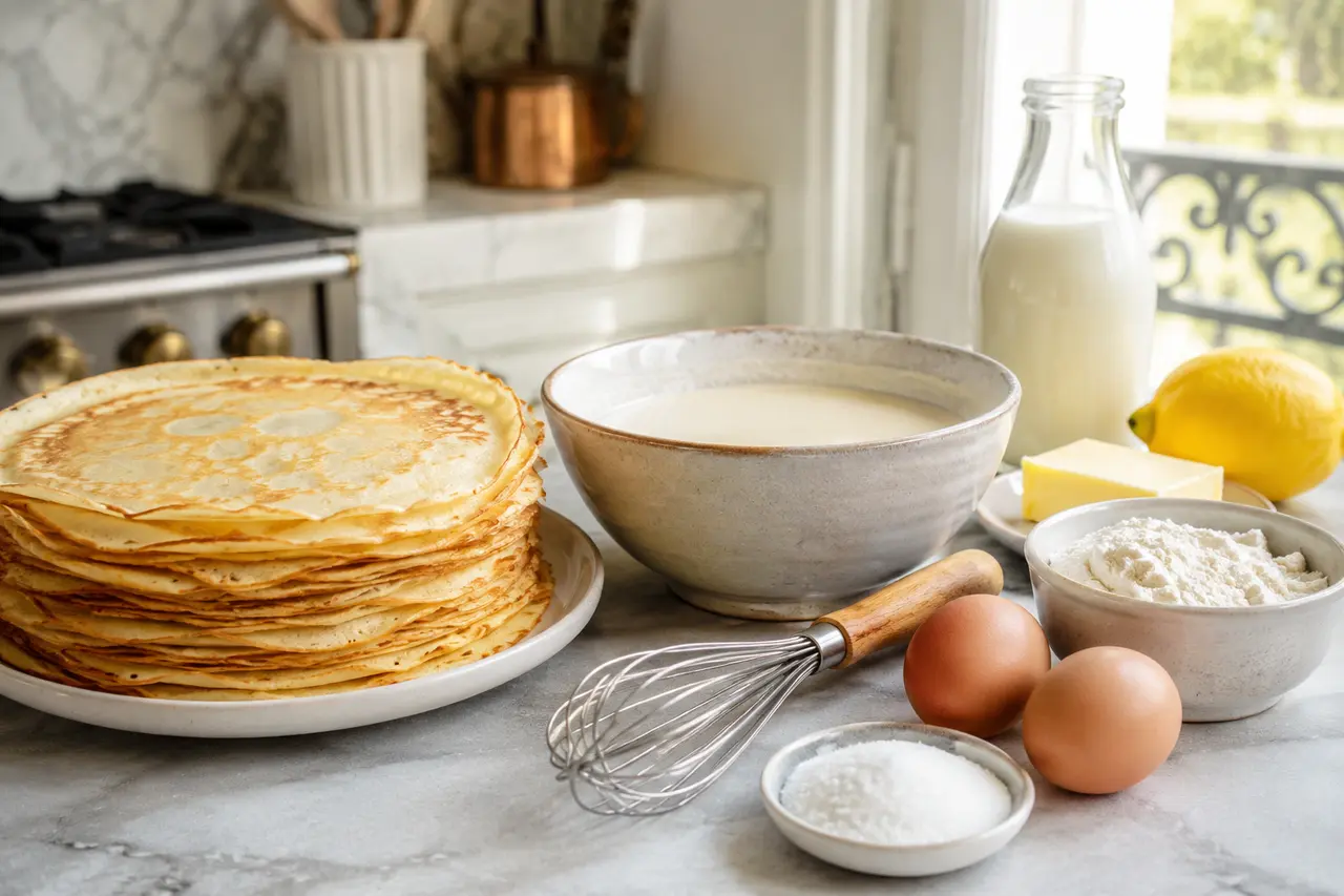 Pile de crêpes dorées avec citron et sucre