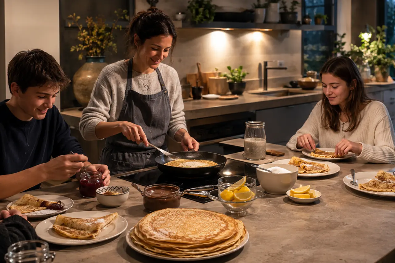 Cinq personnes partageant des crêpes autour d’une table