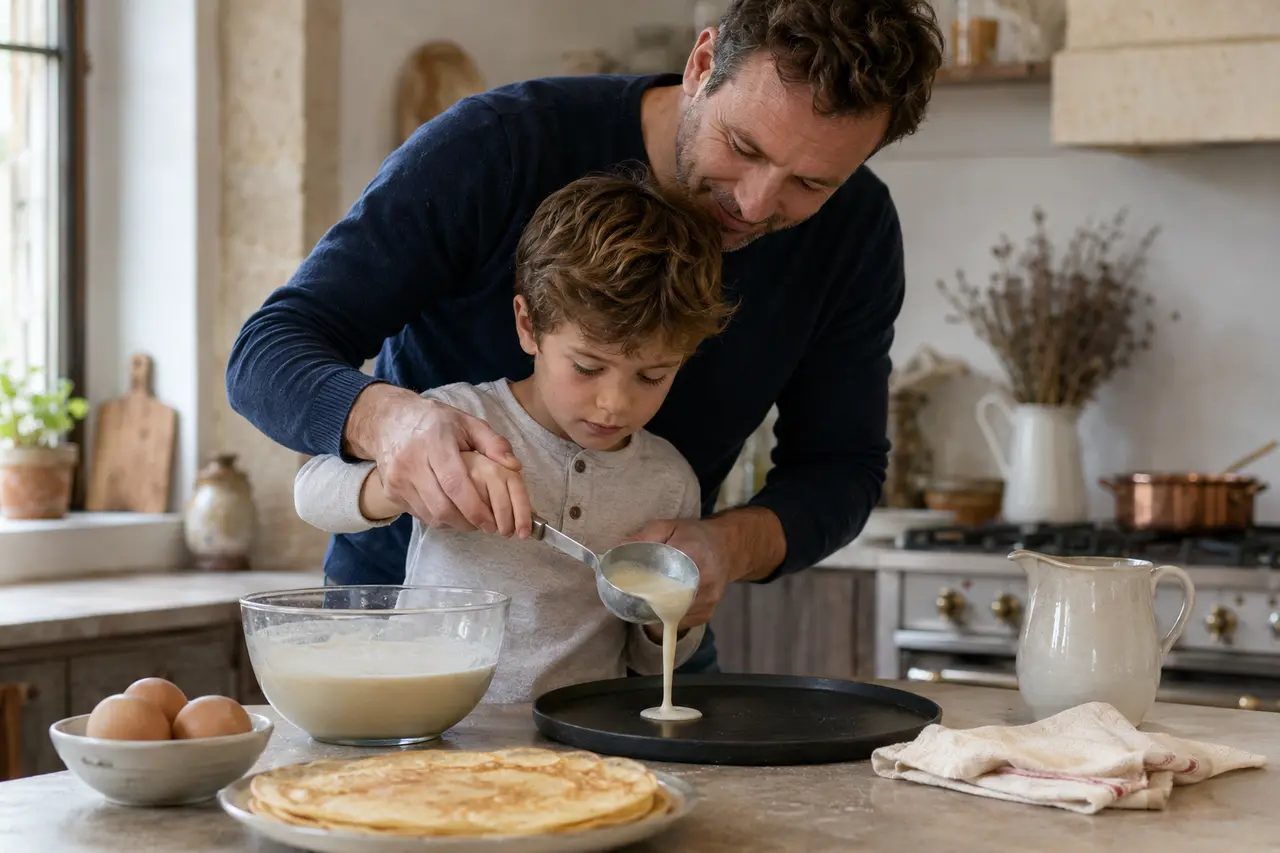 Père guidant son enfant pour verser une pâte à crêpes en sécurité