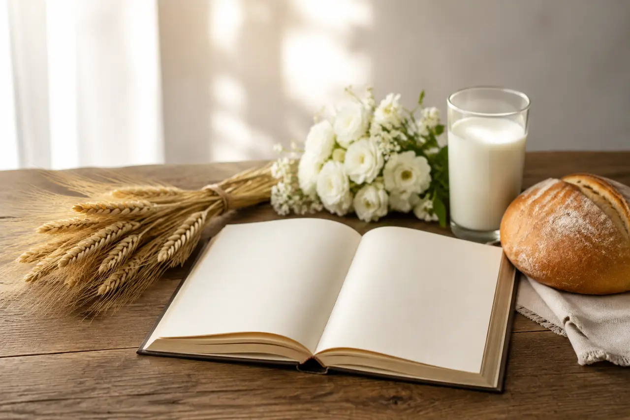 Livre ouvert sans texte, blé, fleurs, lait et pain évoquant Chavouot