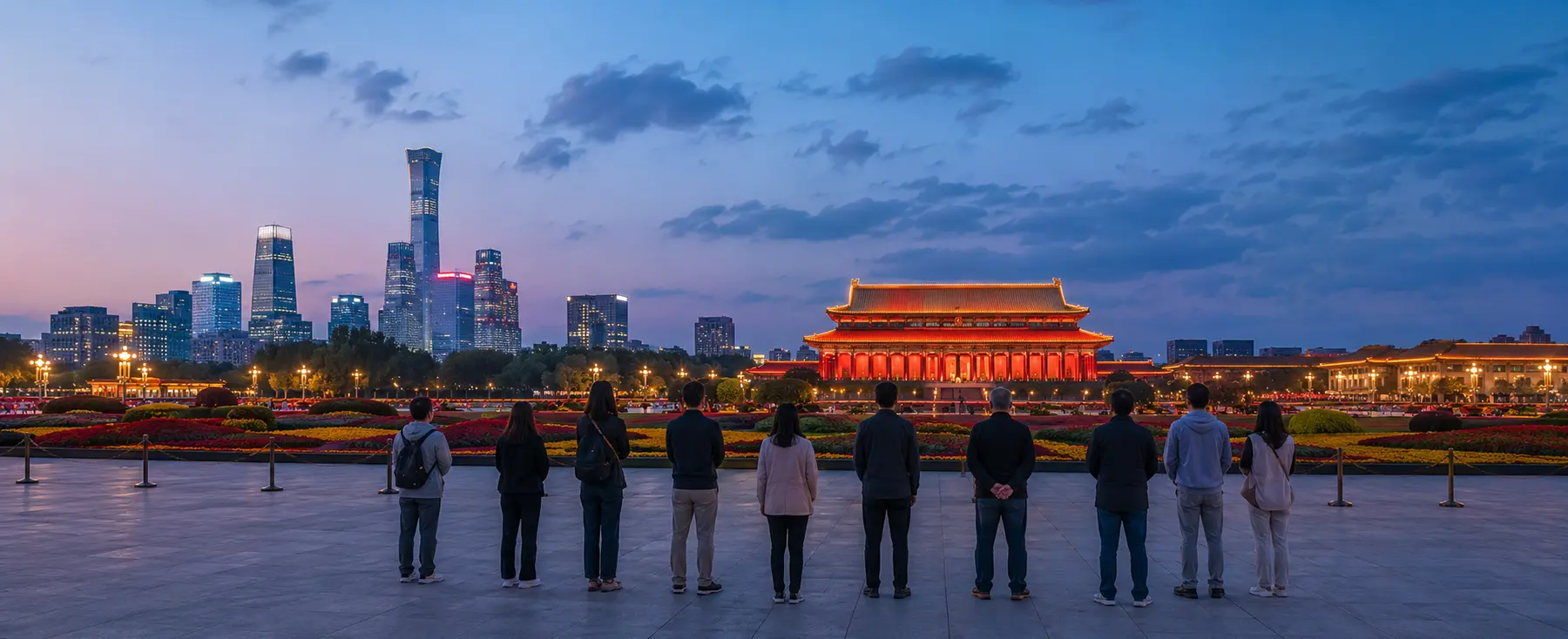 Dix visiteurs devant une place et la skyline de Pékin éclairées en rouge