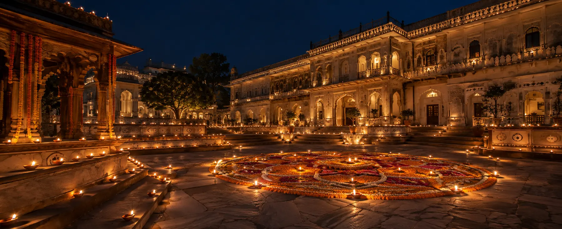 Cour illuminée de centaines de lampes diyas pendant Diwali