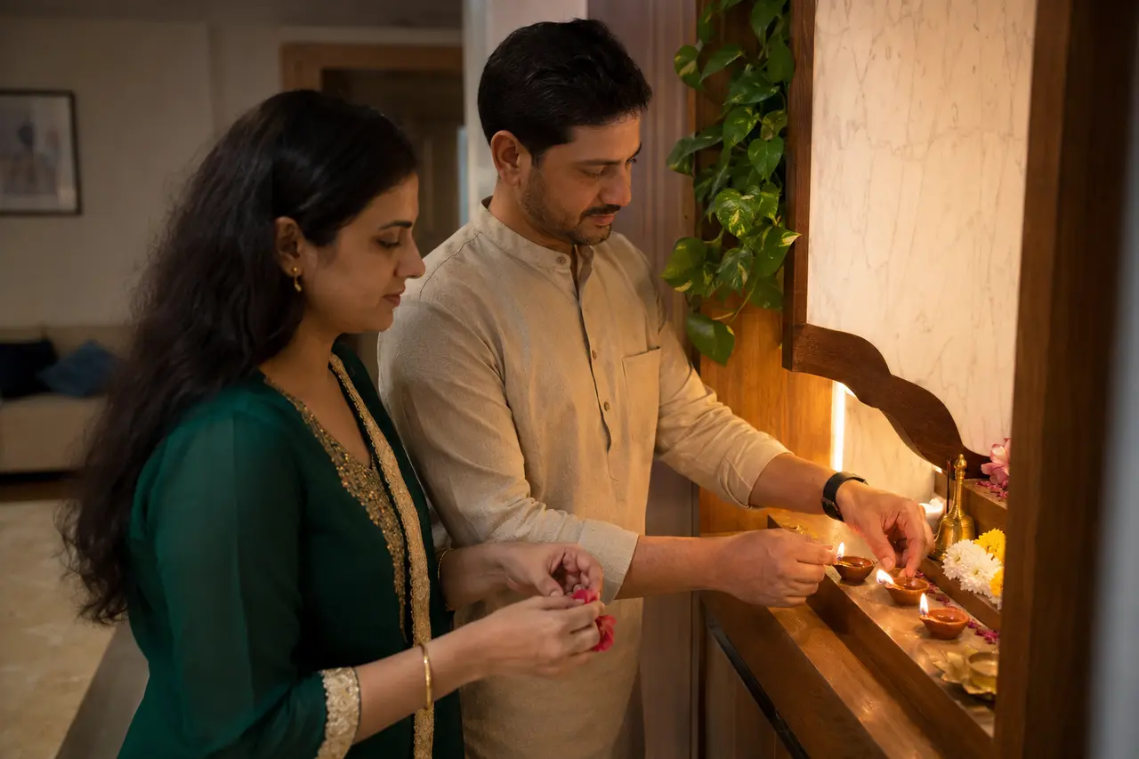 Couple disposant fleurs et lampes sur un autel familial de Diwali