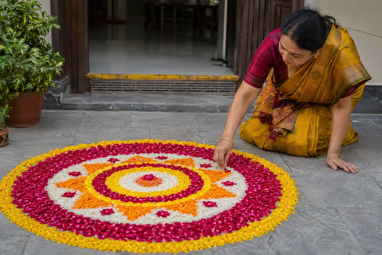 Artiste terminant un rangoli floral géométrique pour Diwali