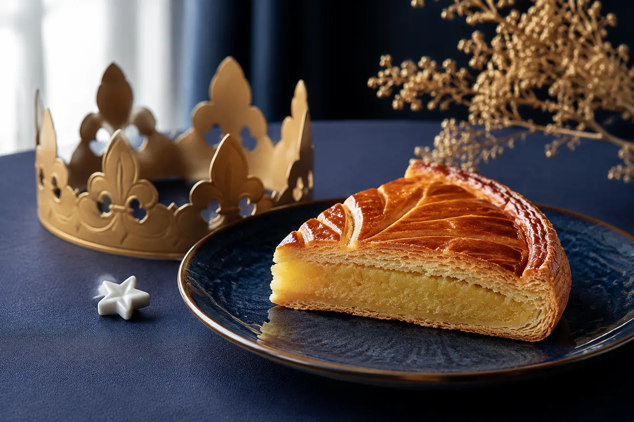 Galette ouverte, fève en porcelaine et couronne en papier