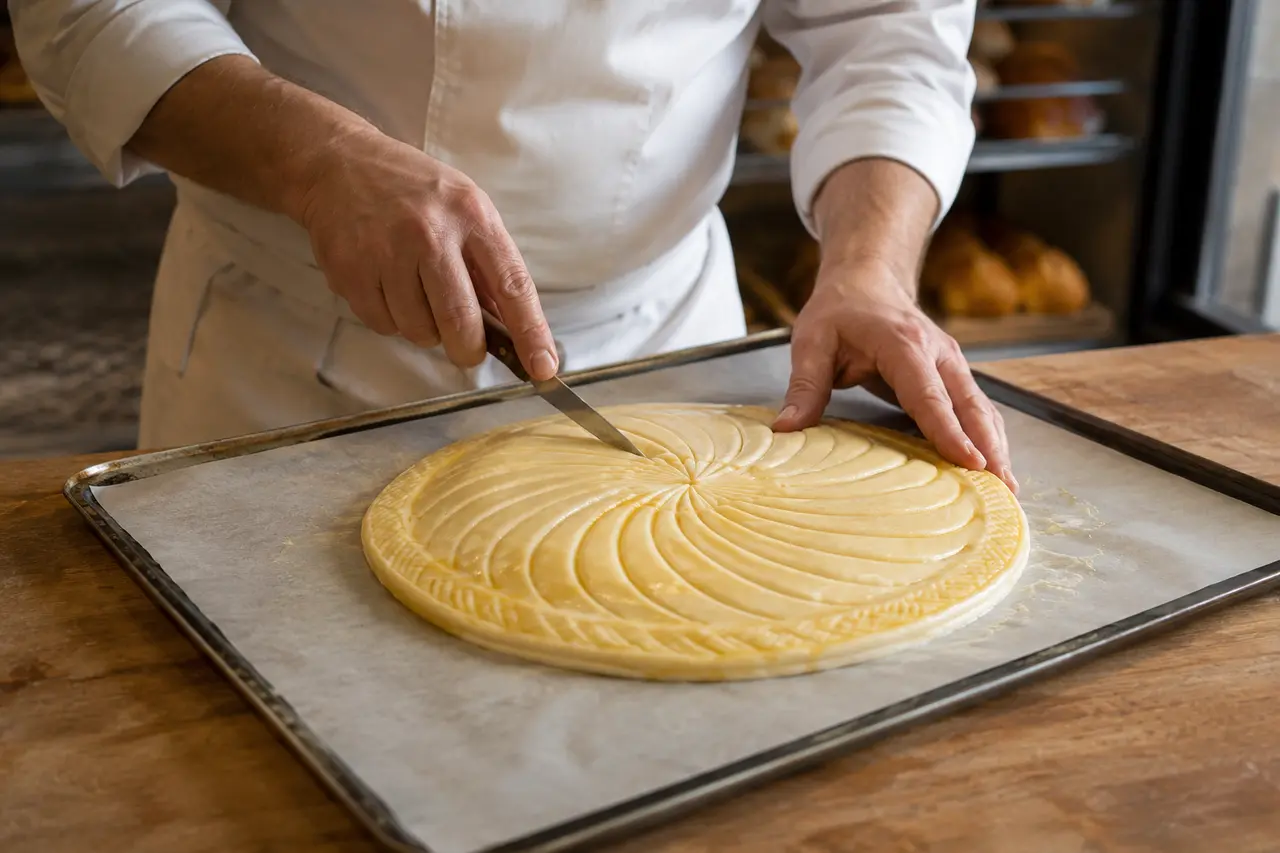 Part de galette des rois feuilletée avec couronne dorée