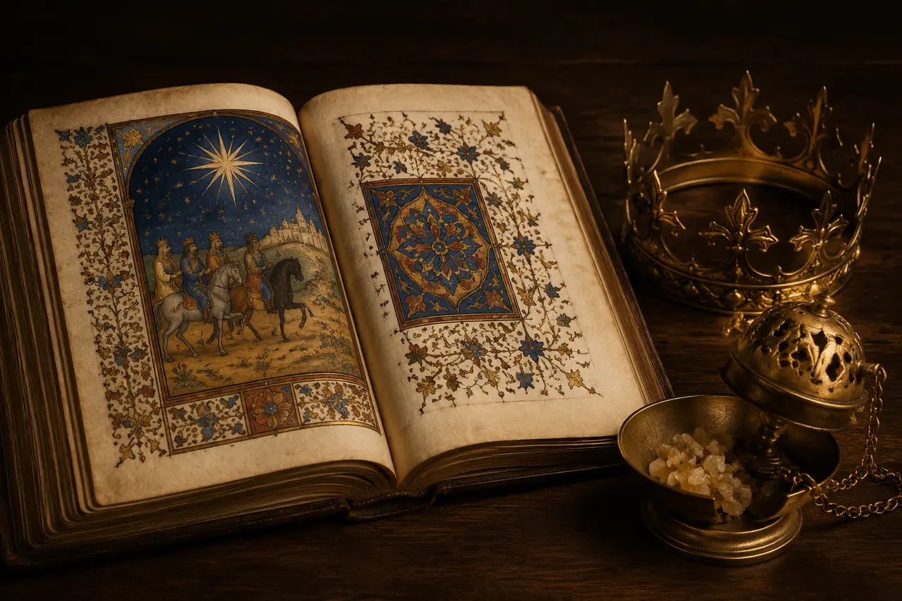Étoile, couronne et encens évoquant le récit des mages