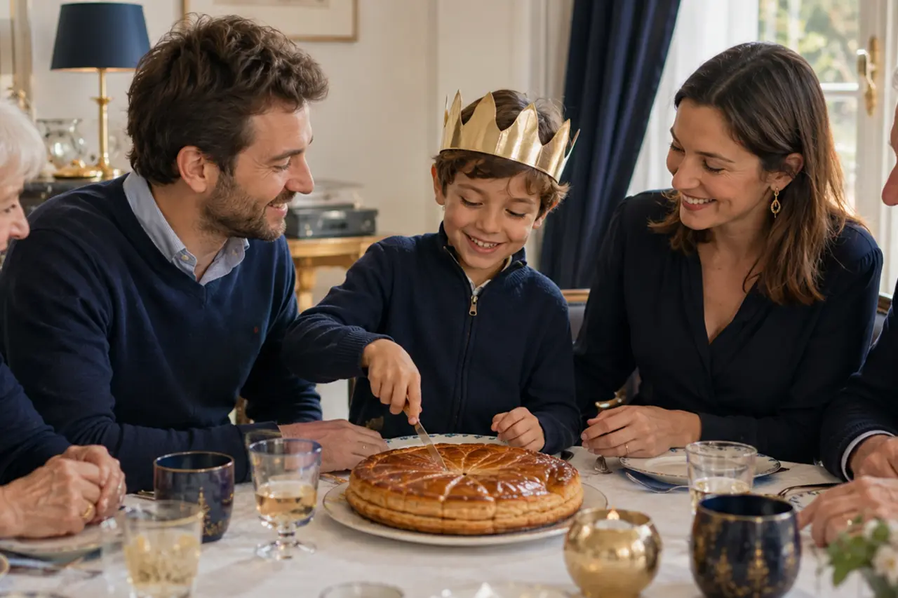 Cinq proches partageant une galette des rois à table