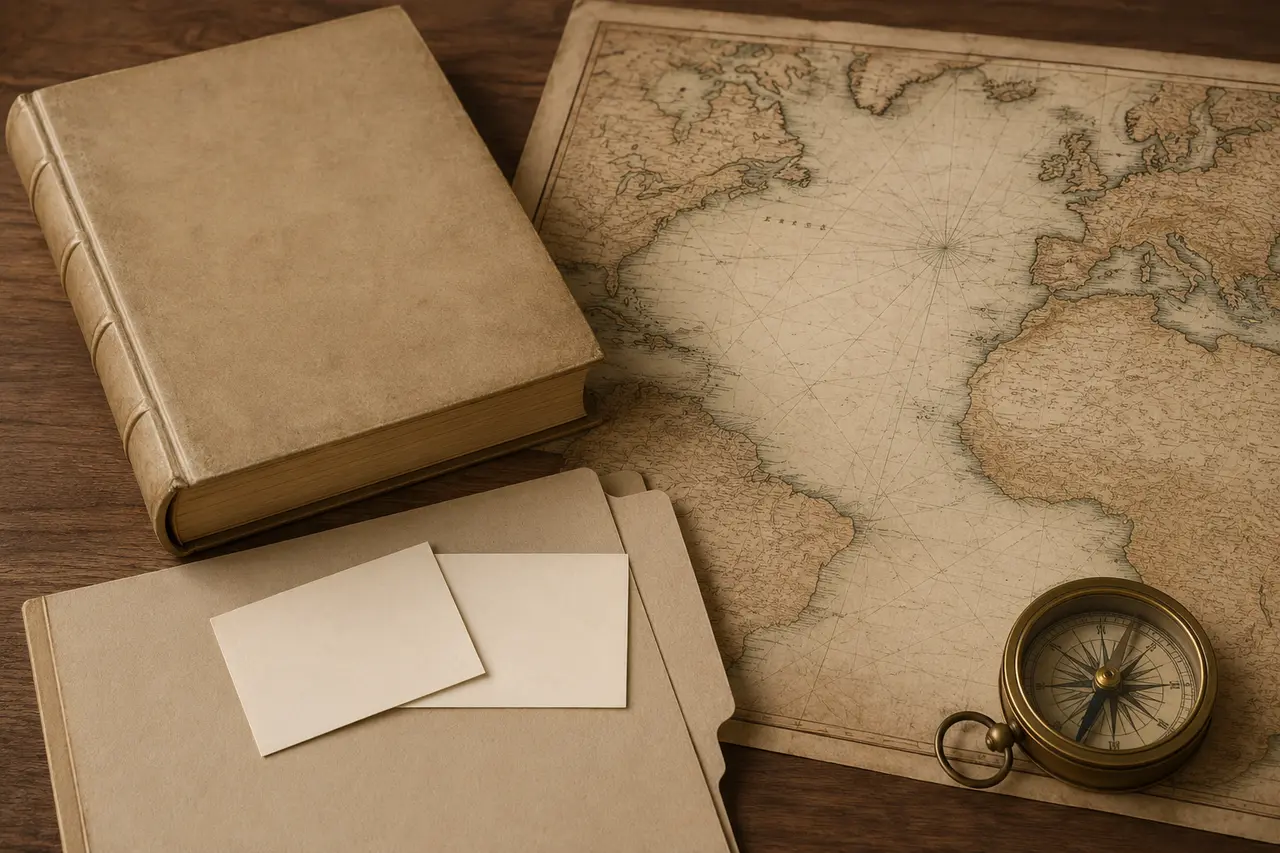 Livre juridique, carte ancienne et boussole évoquant la loi espagnole et l’Atlantique