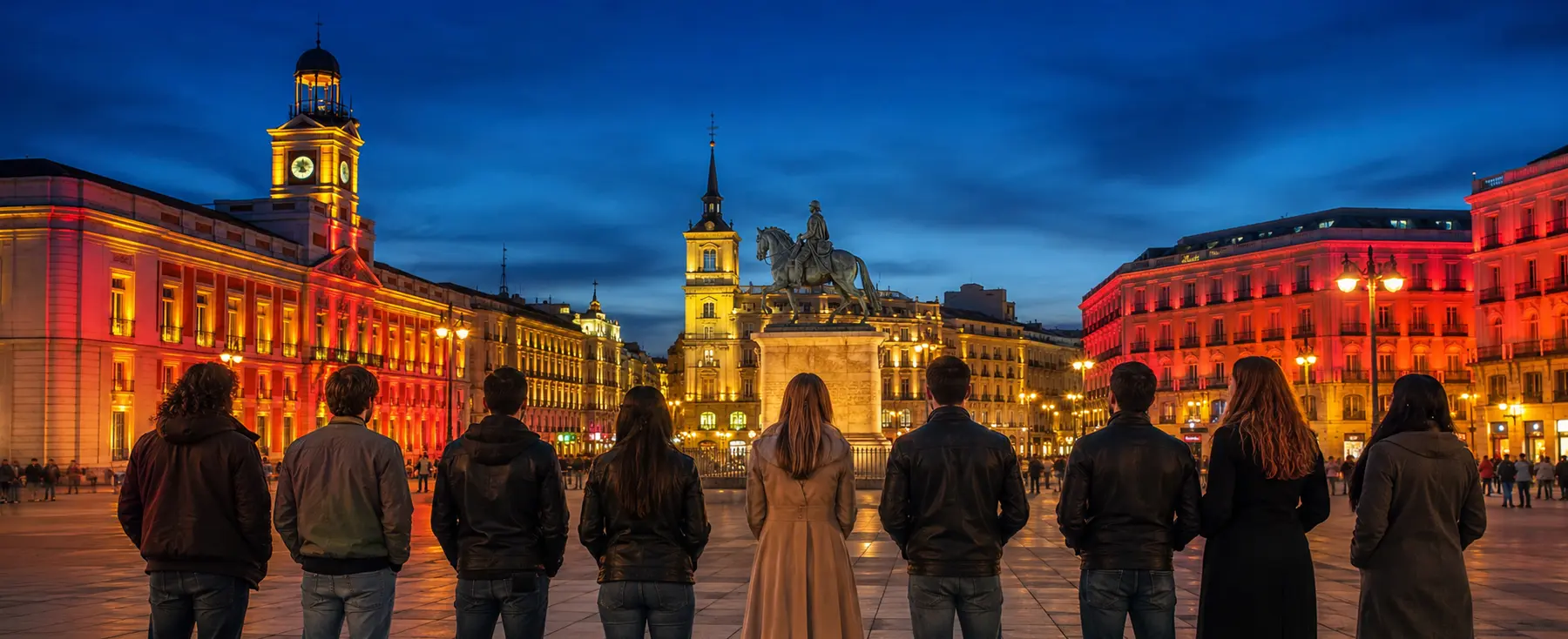 Spectateurs dans une place de Madrid éclairée en rouge et jaune
