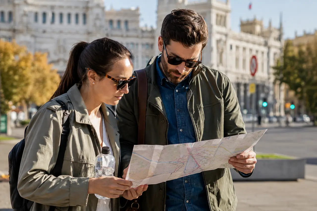 Deux adultes vérifiant un plan de transport avant le 12 octobre à Madrid
