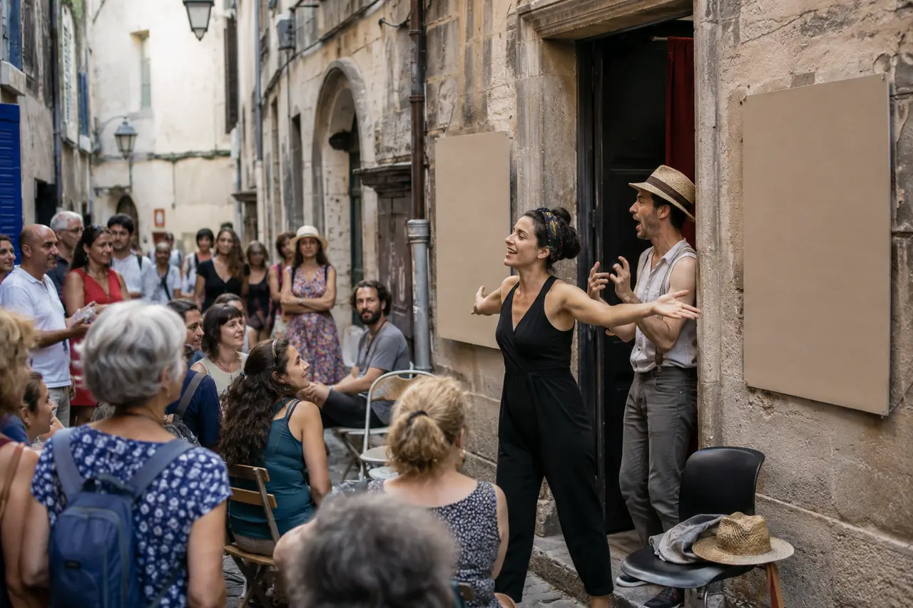 Petite forme théâtrale jouée devant un public adulte dans une rue d’Avignon
