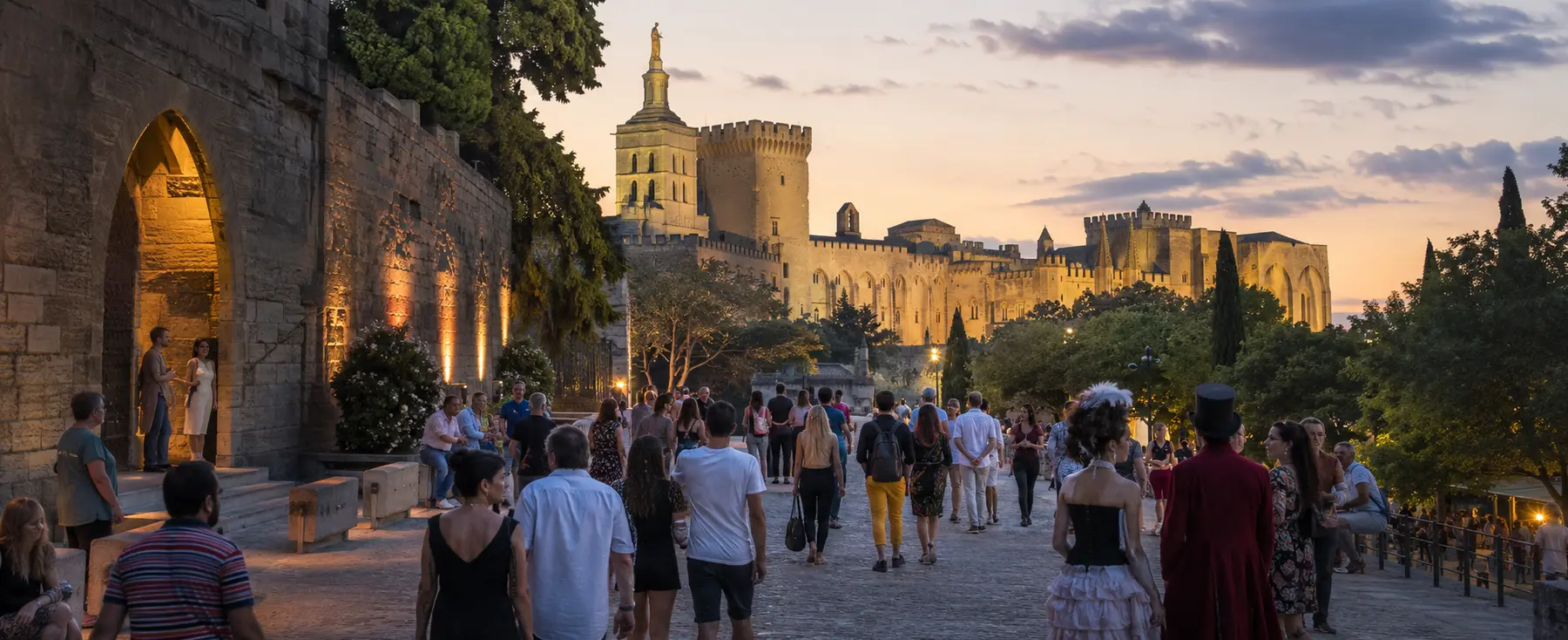 Public circulant entre les lieux du Festival d’Avignon au coucher du soleil