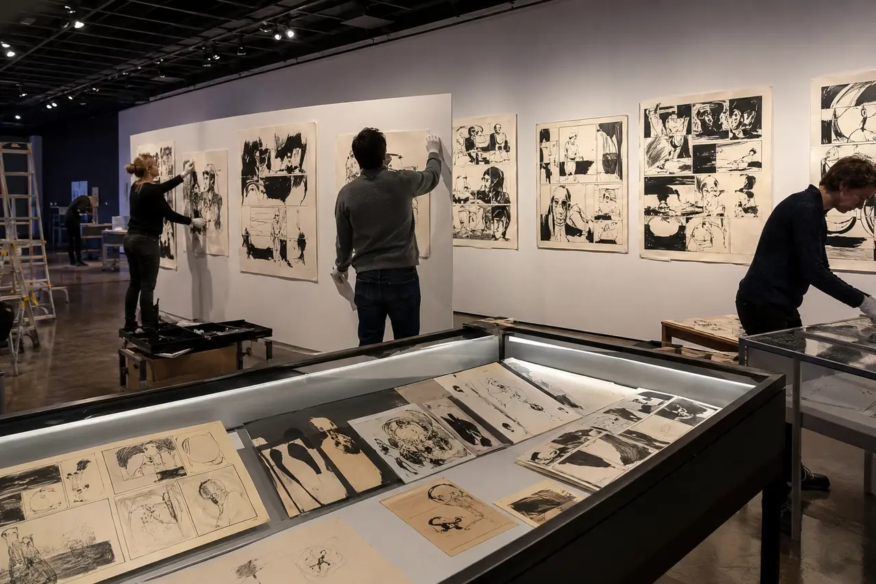 Installation d’une exposition de planches originales de bande dessinée