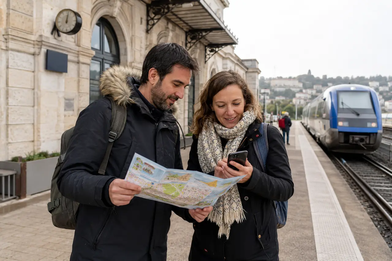 Deux visiteurs adultes consultant un plan à la gare d’Angoulême