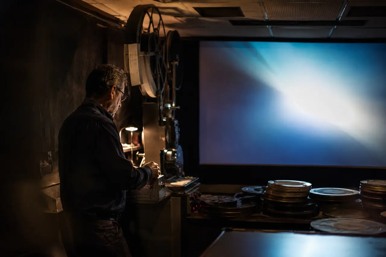Projectionniste adulte préparant une séance de cinéma avec des bobines