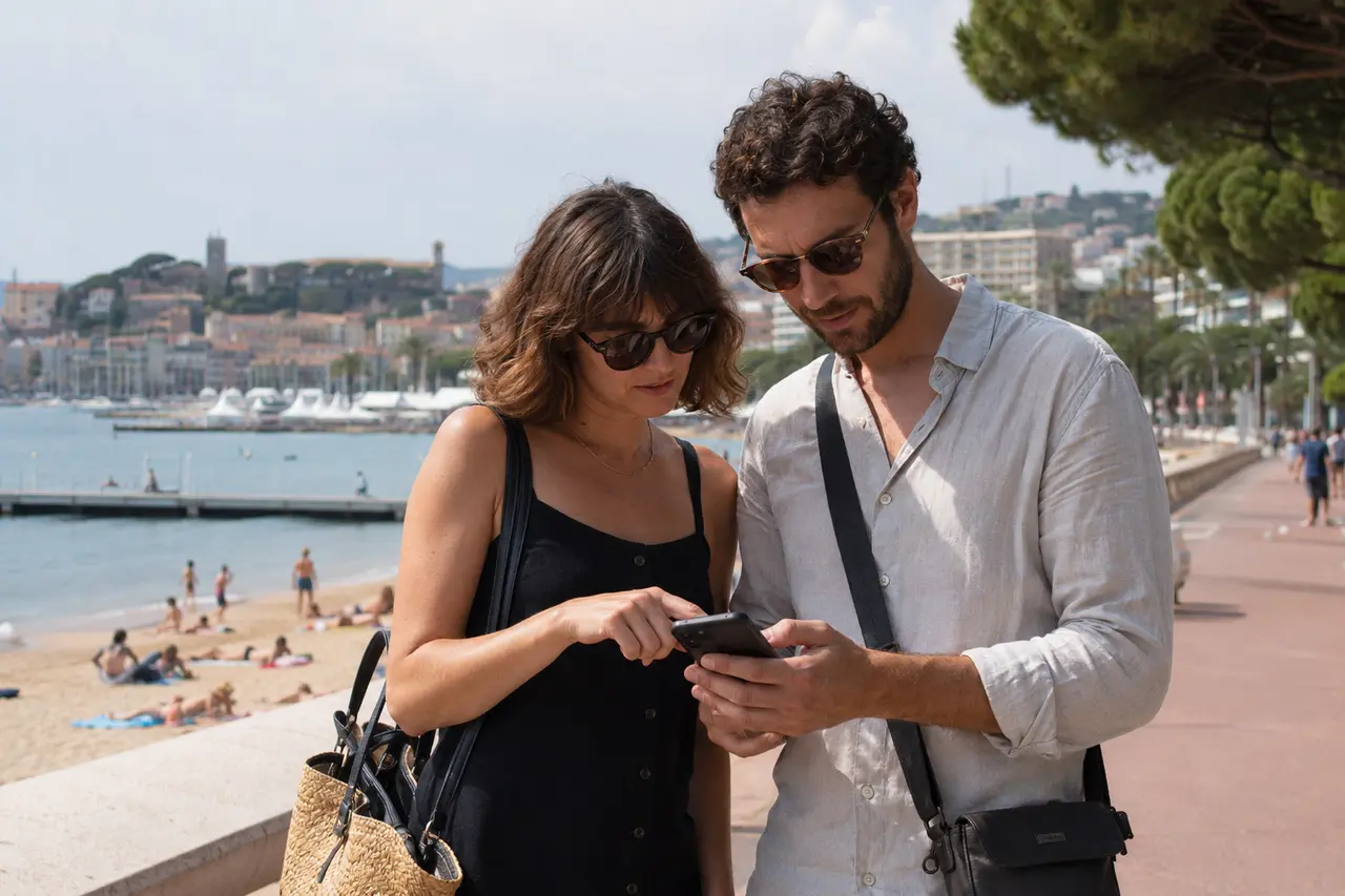 Deux adultes consultant un programme de cinéma près de la Croisette