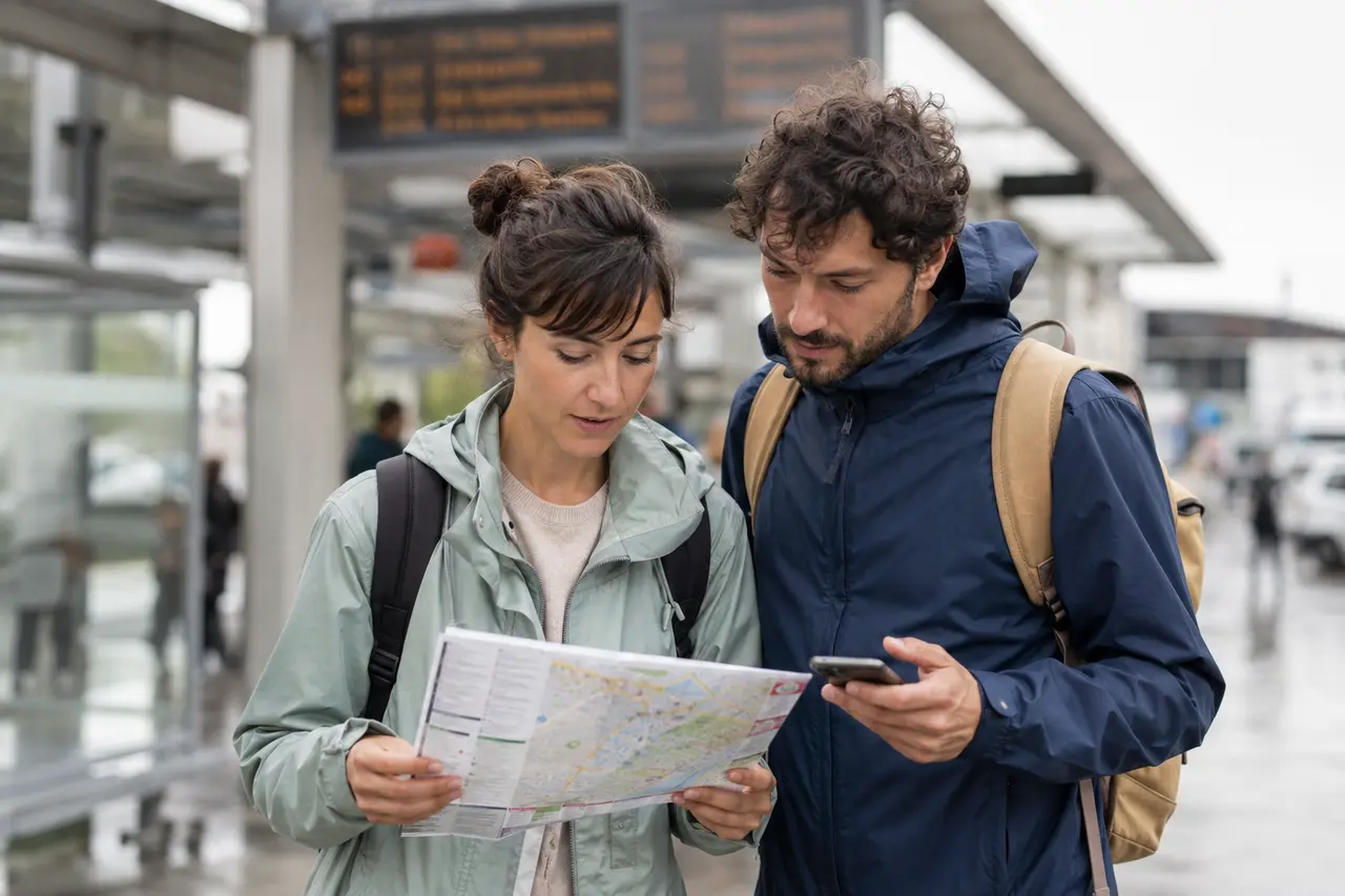 Deux visiteurs consultant le plan du festival près de la gare de Lorient