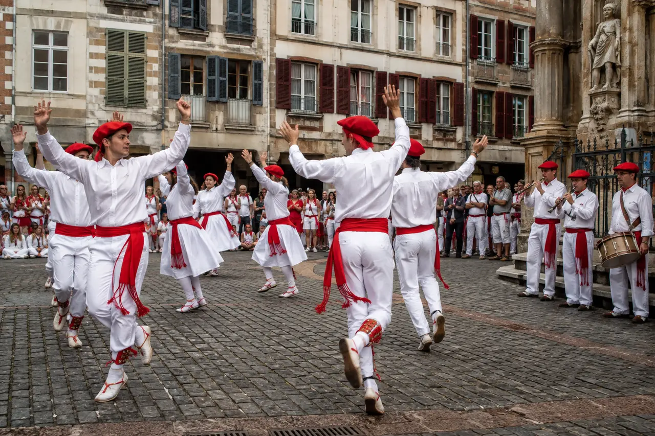 Groupe adulte exécutant une danse basque sur une place de Bayonne