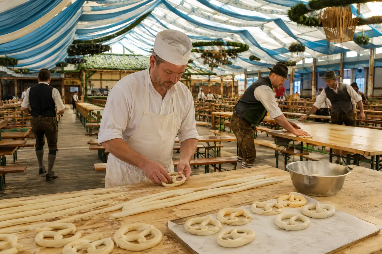 Boulangers et équipes préparant des bretzels avant l’ouverture d’une tente de l’Oktoberfest