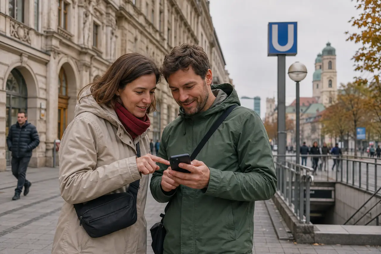 Deux adultes consultant leur trajet près d’une station de métro à Munich