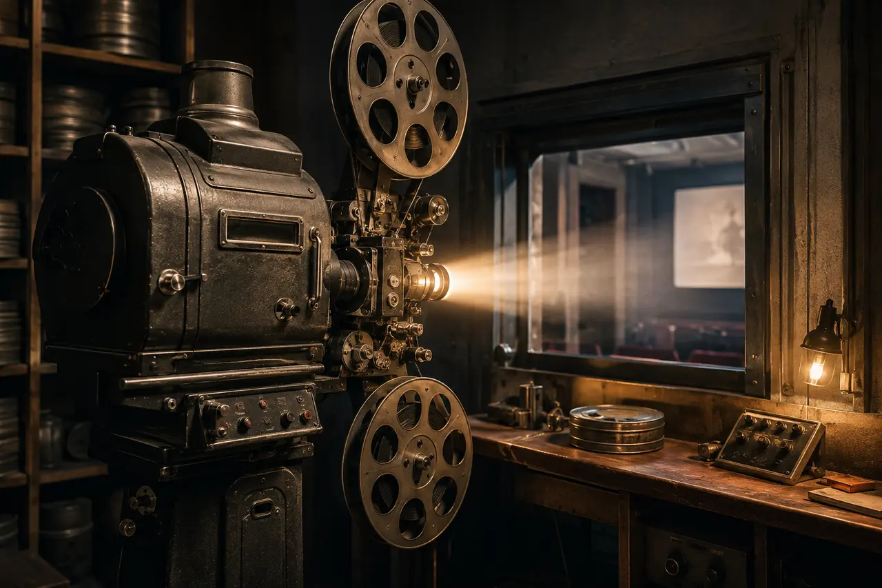 Projecteur et bobines dans une cabine de cinéma ancienne