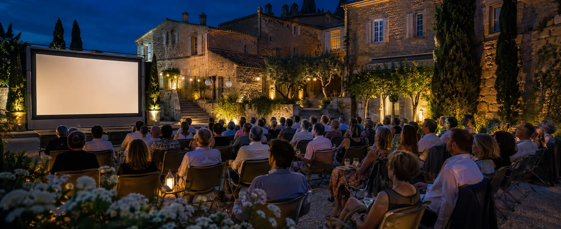 Séance de cinéma en plein air dans une cour française
