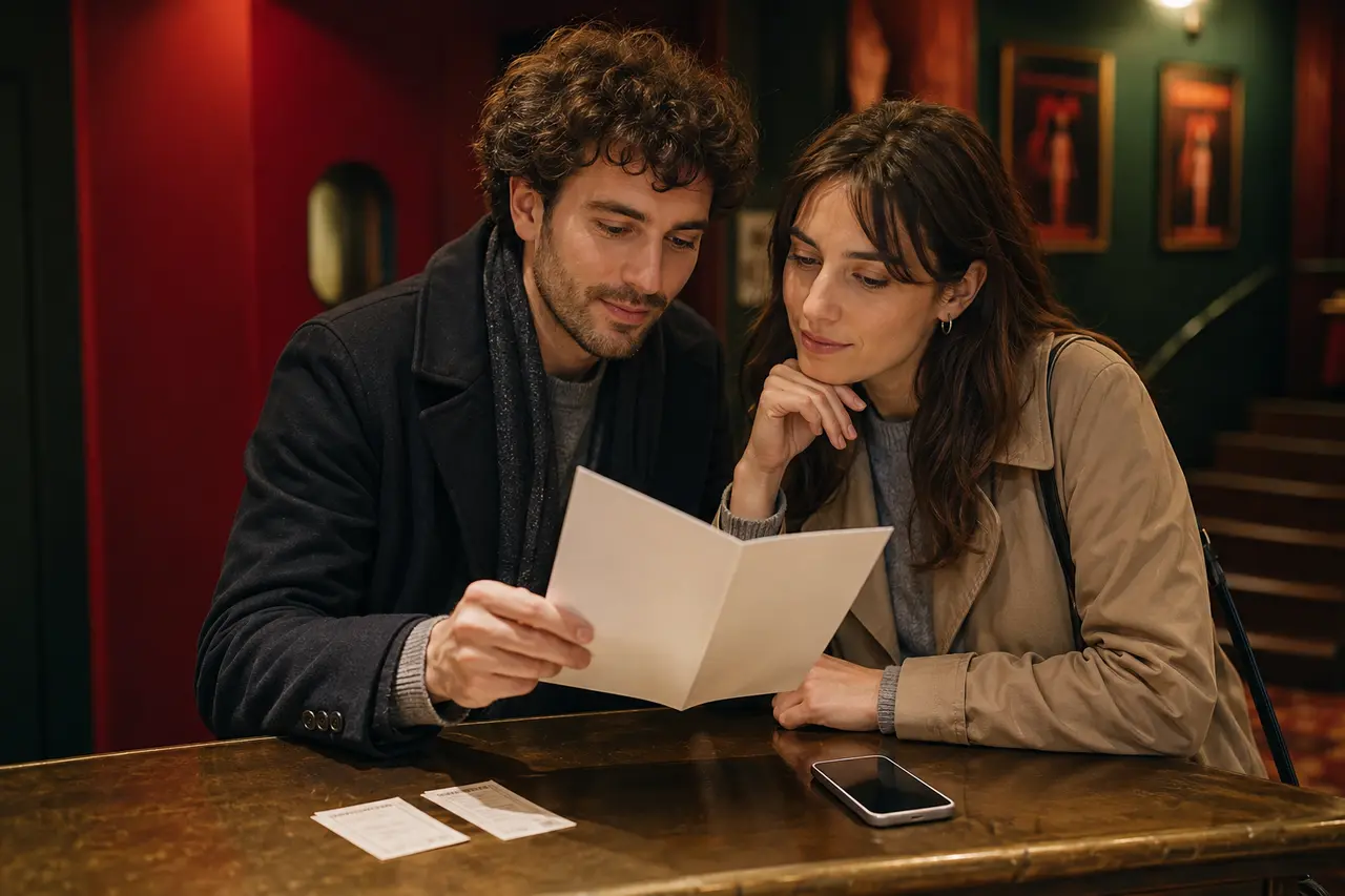 Deux adultes vérifiant un programme de cinéma avant une séance