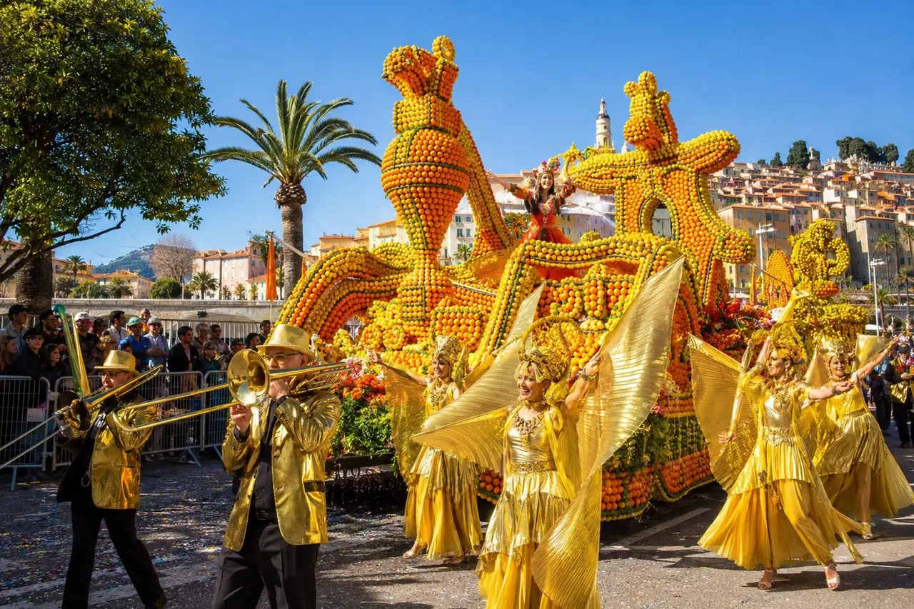 Char couvert d’agrumes avançant pendant le corso des fruits d’or à Menton