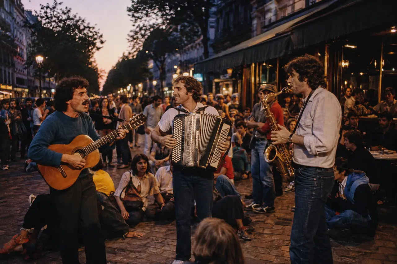 Musiciens amateurs jouant dans une rue française lors de la Fête de la musique en 1982