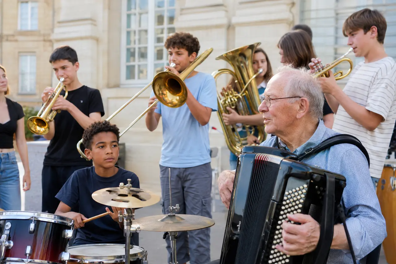 Musiciens amateurs de plusieurs générations répétant pour la Fête de la musique