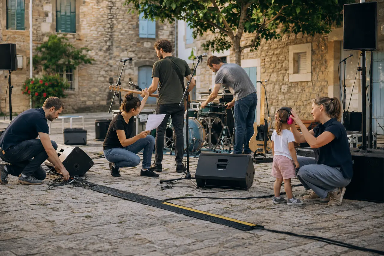 Musiciens préparant une scène et protégeant l’audition d’un enfant