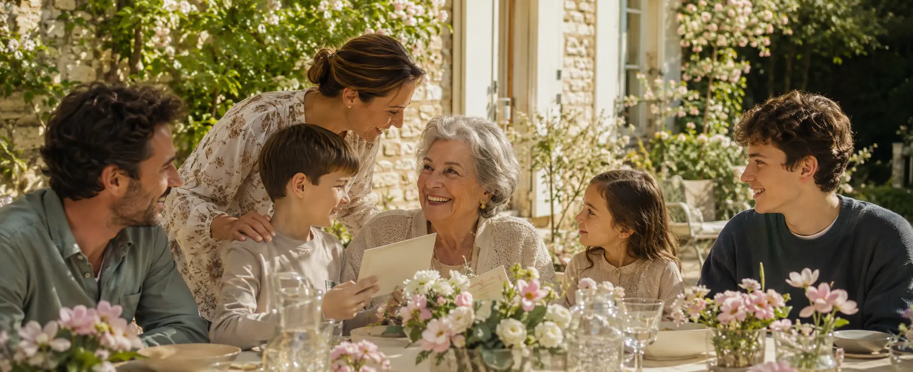 Six membres d’une famille réunis autour de leur grand-mère pour un déjeuner de printemps