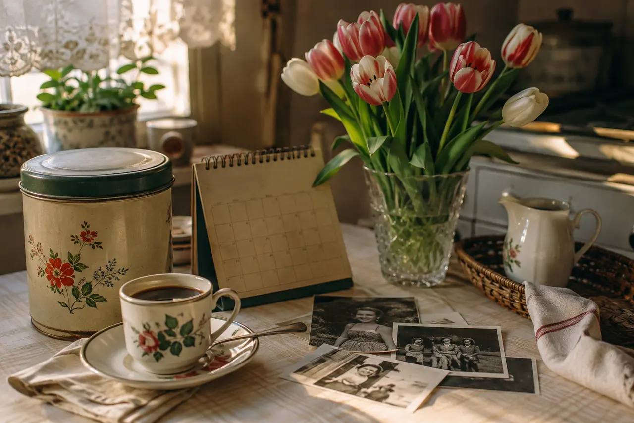 Calendrier, photographies de famille et tasse ancienne évoquant la création de la fête