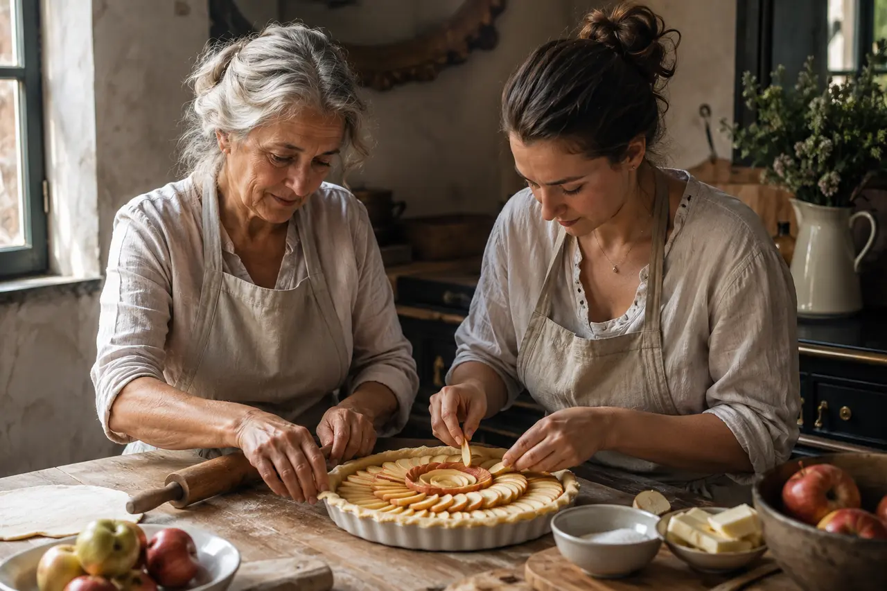 Grand-mère et petite-fille préparant ensemble une tarte aux pommes