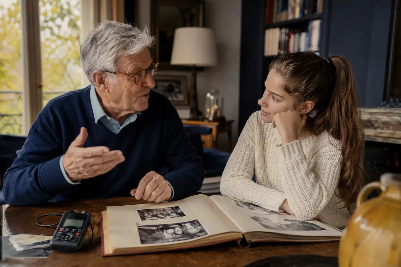 Grand-père racontant ses souvenirs à sa petite-fille devant un album