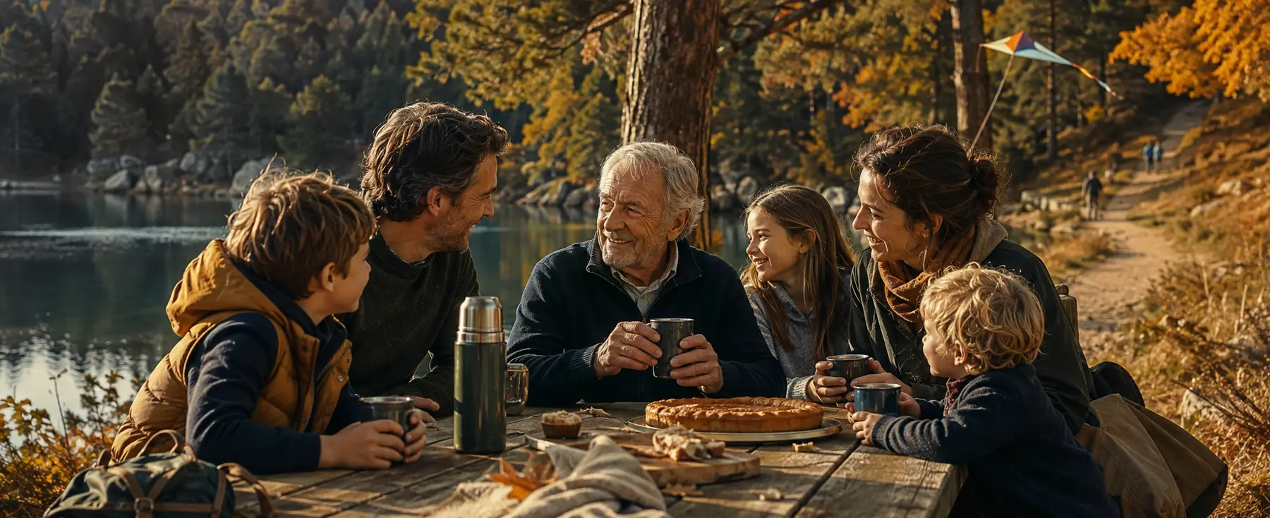 Six membres d’une famille partageant un pique-nique d’automne avec leur grand-père