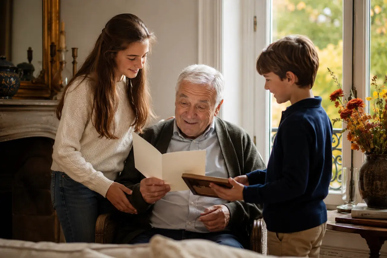 Grand-père recevant une carte et une photographie de ses petits-enfants