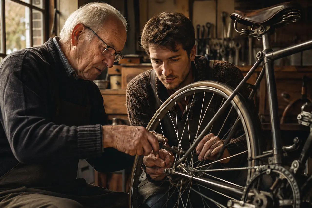Grand-père transmettant à son petit-fils la restauration d’un vélo ancien