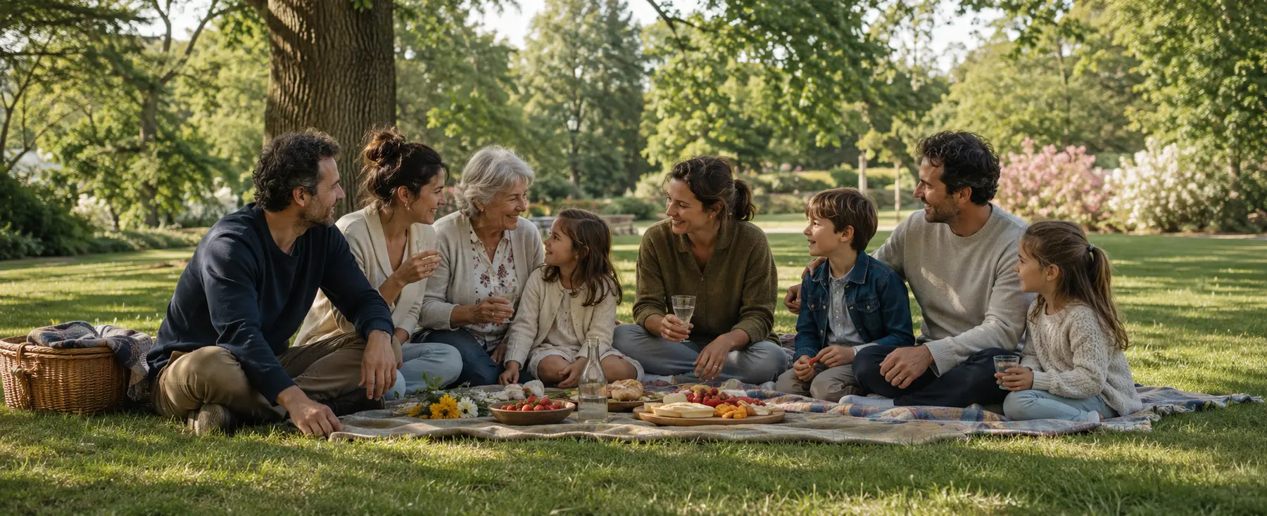 Familles de plusieurs générations réunies pour un pique-nique de Fête des Mères