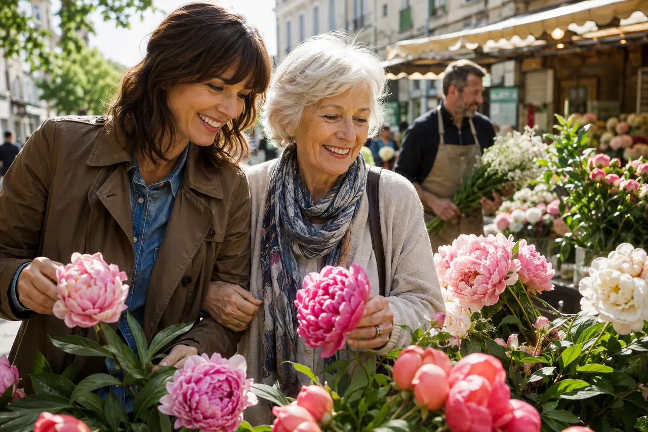 Femme adulte et sa mère âgée choisissant des fleurs ensemble