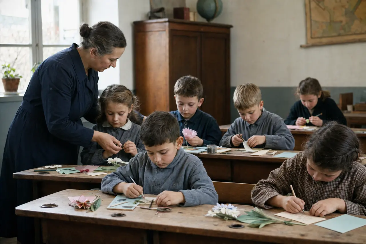 Classe française des années 1950 préparant des cartes pour la Fête des Mères