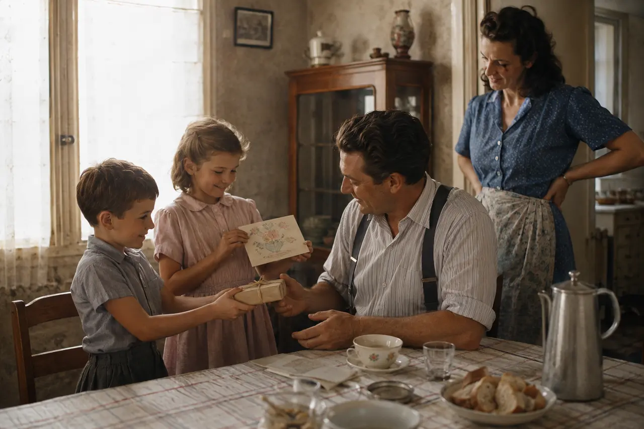 Famille française des années 1950 offrant une carte au père