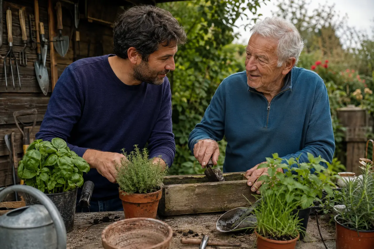 Père âgé et fils adulte jardinant ensemble
